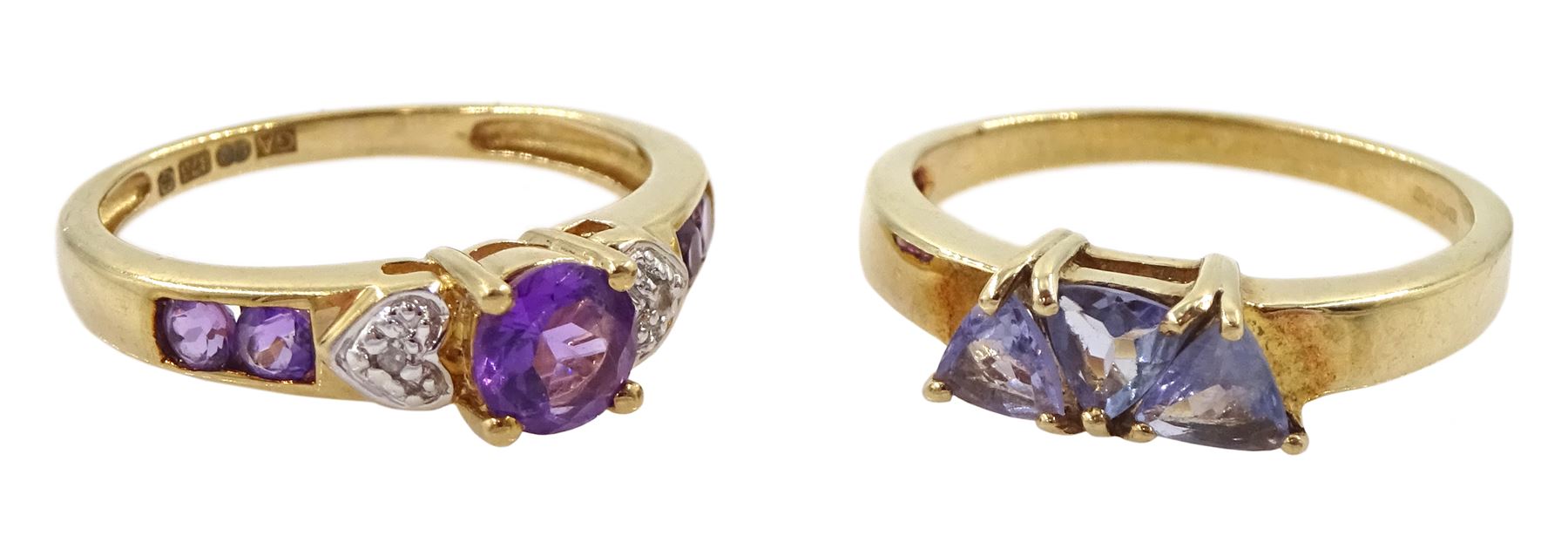 Gold amethyst and diamond heart design ring and a gold three stone trillion cut tanzanite ring, both hallmarked 9ct 