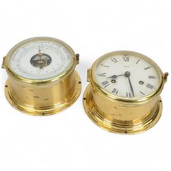 German Schatz brass cased bulkhead ships clock and barometer/thermometer, case D16cm