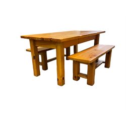 Pine dining table, rectangular plank top on square supports (181cm x 91cm, H80cm); together with two benches (133cmx 41cm, H47cm)