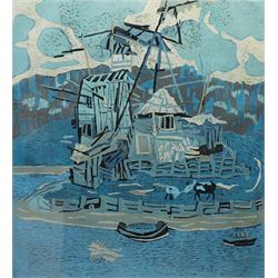 Shiwei Zhu (Chinese 20th century): 'Lakeside', limited edition colour woodblock etching si...