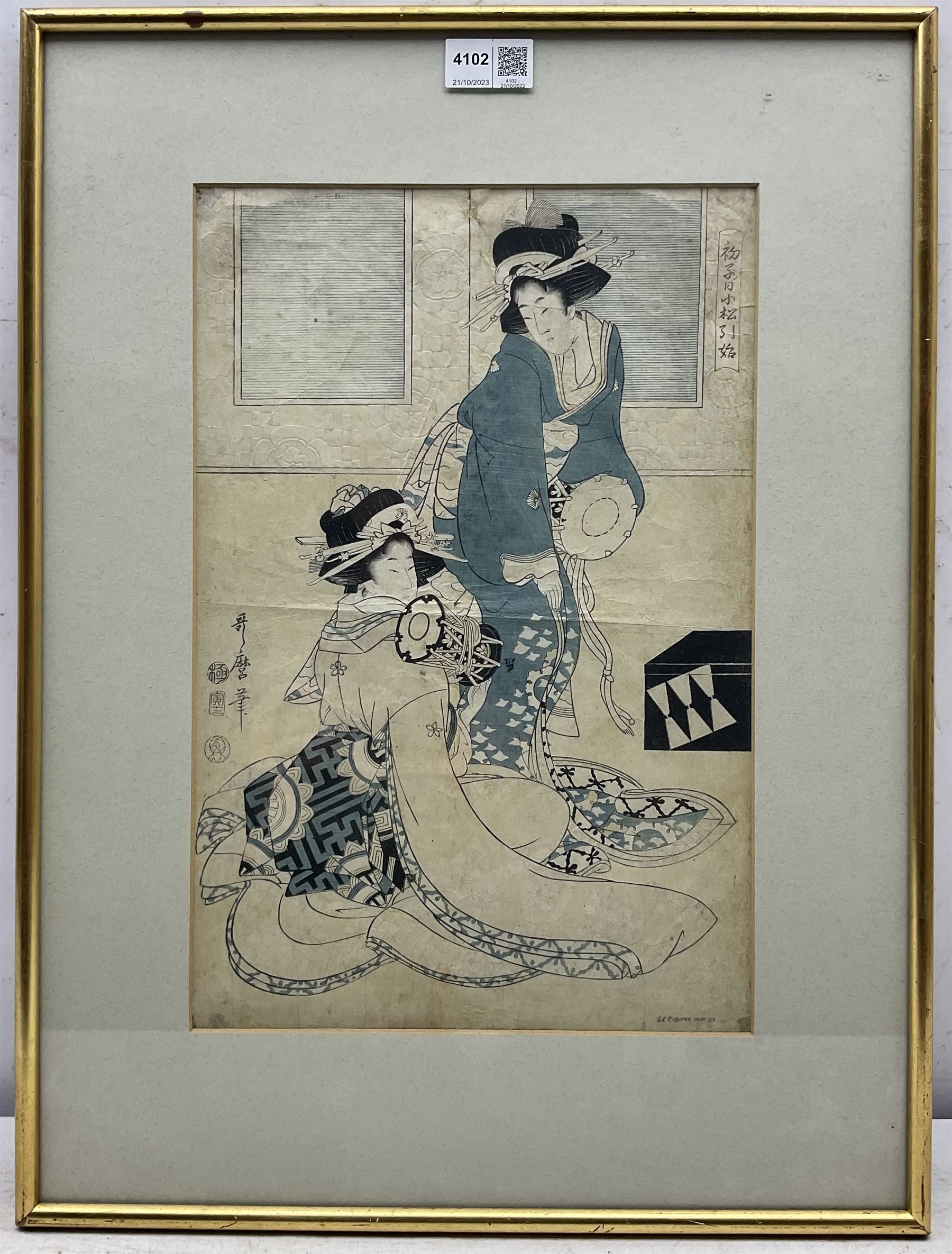 Kitagawa Utamaro (Japanese 1753-1806): Ladies playing the Drum, 18th/19th century woodblock print 37cm x 24cm