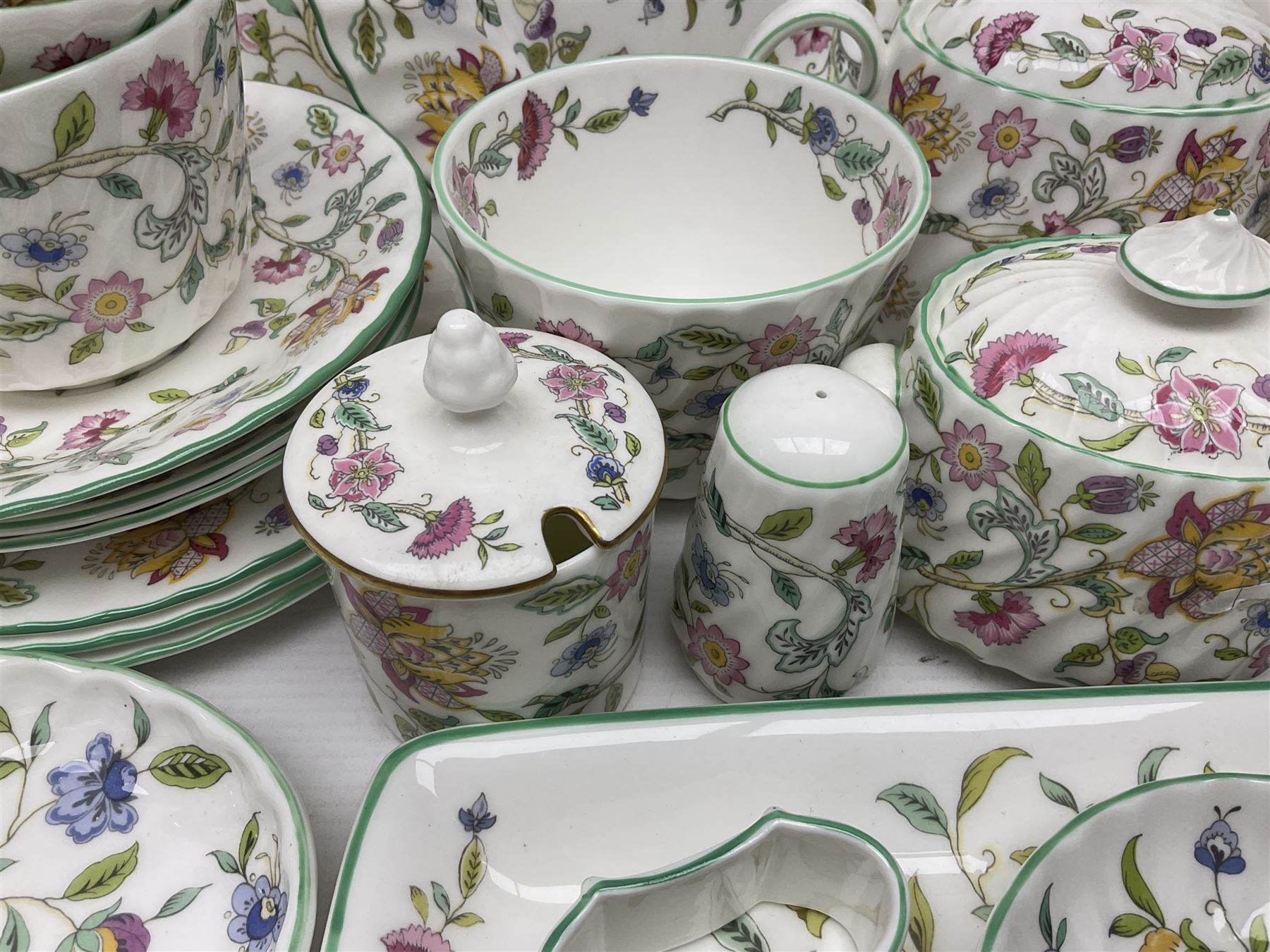 Minton Haddon Hall part tea service, including teapot, covered sucrier, milk jug, six teacups and saucers of various sizes, covered preserved jar, to vases etc (38)