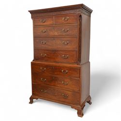 George III mahogany chest-on-chest, projecting dentil cornice over blind fretwork frieze, ...