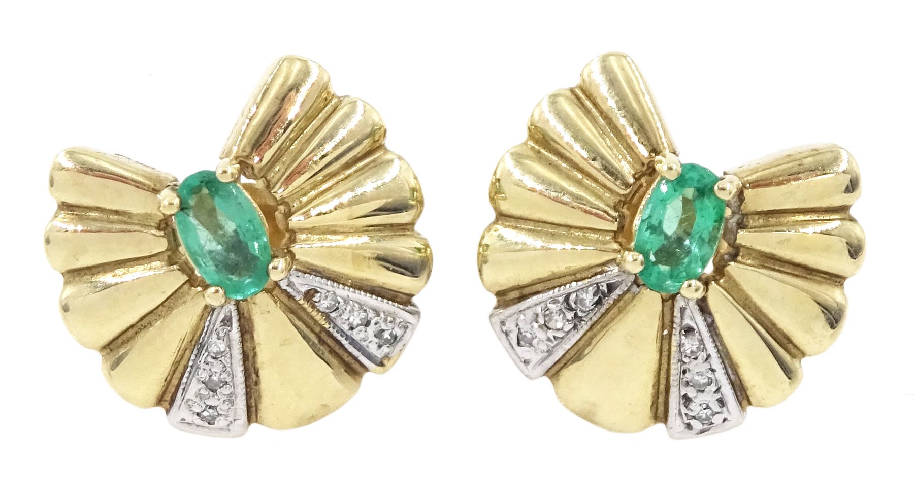 Pair of 9ct gold emerald and diamond fan design stud earrings, London 1992