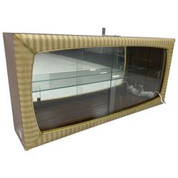 Mid-20th century teak wall hanging display cabinet, enclosed by two sliding glass doors