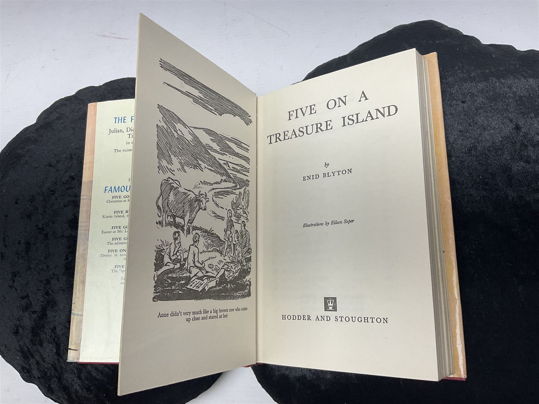 Enid Blyton; three copies of The First Adventure of the Famous Five; Five on Treasure Island, comprising 1963 edition, 1949 edition and 1963 edition  