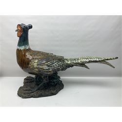 Large stoneware sculpture modeled as a Ring Neck Pheasant, upon a naturalistic base, H55cm, L78cm