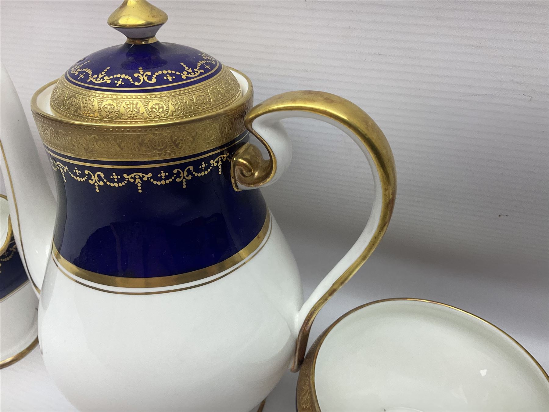 Aynsley Georgian Cobalt pattern coffee service, pattern no 7348, comprising twelve coffee cans and saucers, coffee pot, open sucrier and milk jug, all with printed mark beneath