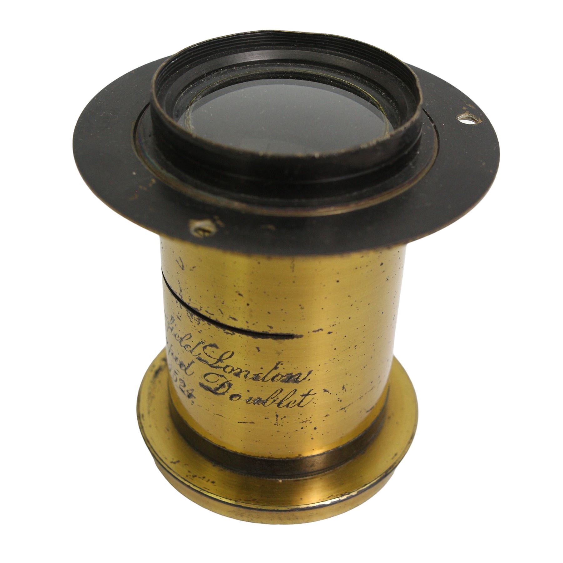 Fallowfield London 10x8 Rapid Doublet brass camera lens, no. 1524, H9cm