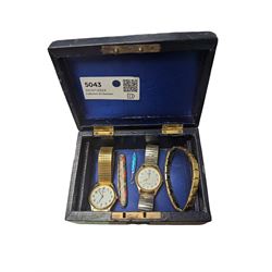 Two gentleman's wristwatches, miniature enamel button hook, etc in tooled leather box