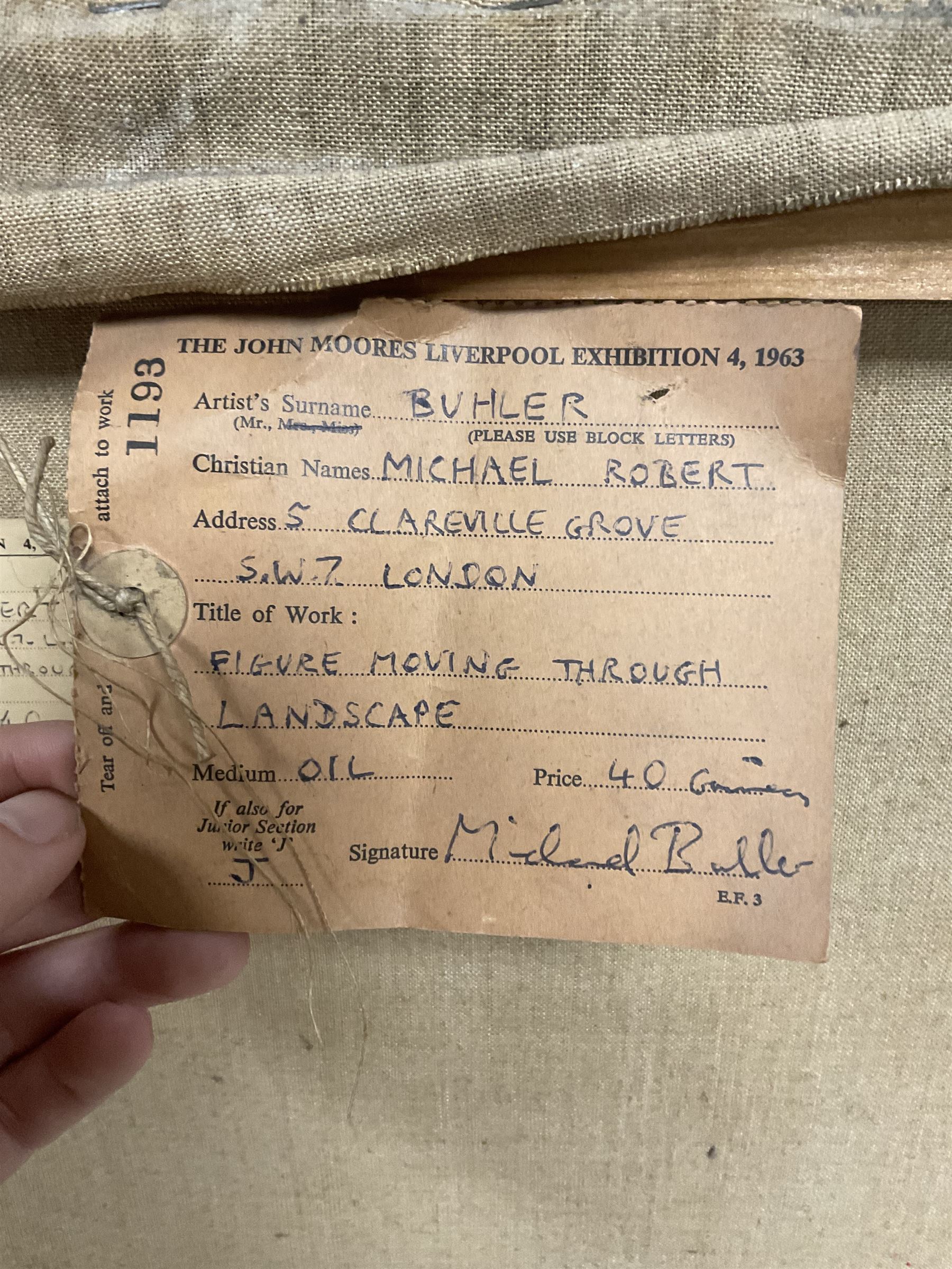 Michael Robert Buhler (British 1940-2009): 'Figure Moving Through Landscape, oil on canvas unsigned, John Moores Liverpool Exhibition 1963 label verso 127cm x 101cm