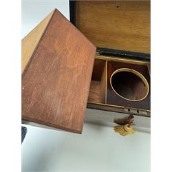 Georgian sarcophogus shaped tea caddy, with inlaid panels and twin lion mask handles, with mahogany compartmentalised interior, upon four bun feet, H22cm