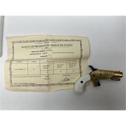 SECTION 1 FIRE-ARMS CERTIFICATE REQUIRED - Spanish Ardesa percussion vest pocket Derringer pistol, .31 cal. black powder; single shot; 6cm barrel; all brass body with white grips; no.14-13-013682-10 with Spanish certificate dated 2010 and box of one hundred balls