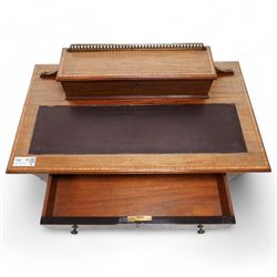 Edwardian inlaid mahogany writing desk, raised correspondence compartment over leather inset top, fitted with single drawer, on square tapering supports with brass and ceramic castors 