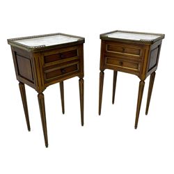 Pair of French design mahogany and marble bedside lamp tables, rectangular white marble top with raised brass gallery, fitted with two drawers, sunken facias with applied brass edging, panelled sides, on turned and fluted tapering supports 