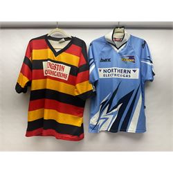 Eighteen Rugby League shirts, including Wigan, Leeds, Warrington and Huddersfield, etc and a Scotland international shirt