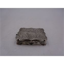 Victorian silver vinaigrette, with bright cut scrolling decoration and engraved name to hinged cover, the gilt interior with typical pierced cover, hallmarked Nathaniel Mills, Birmingham 1848, W4.2cm