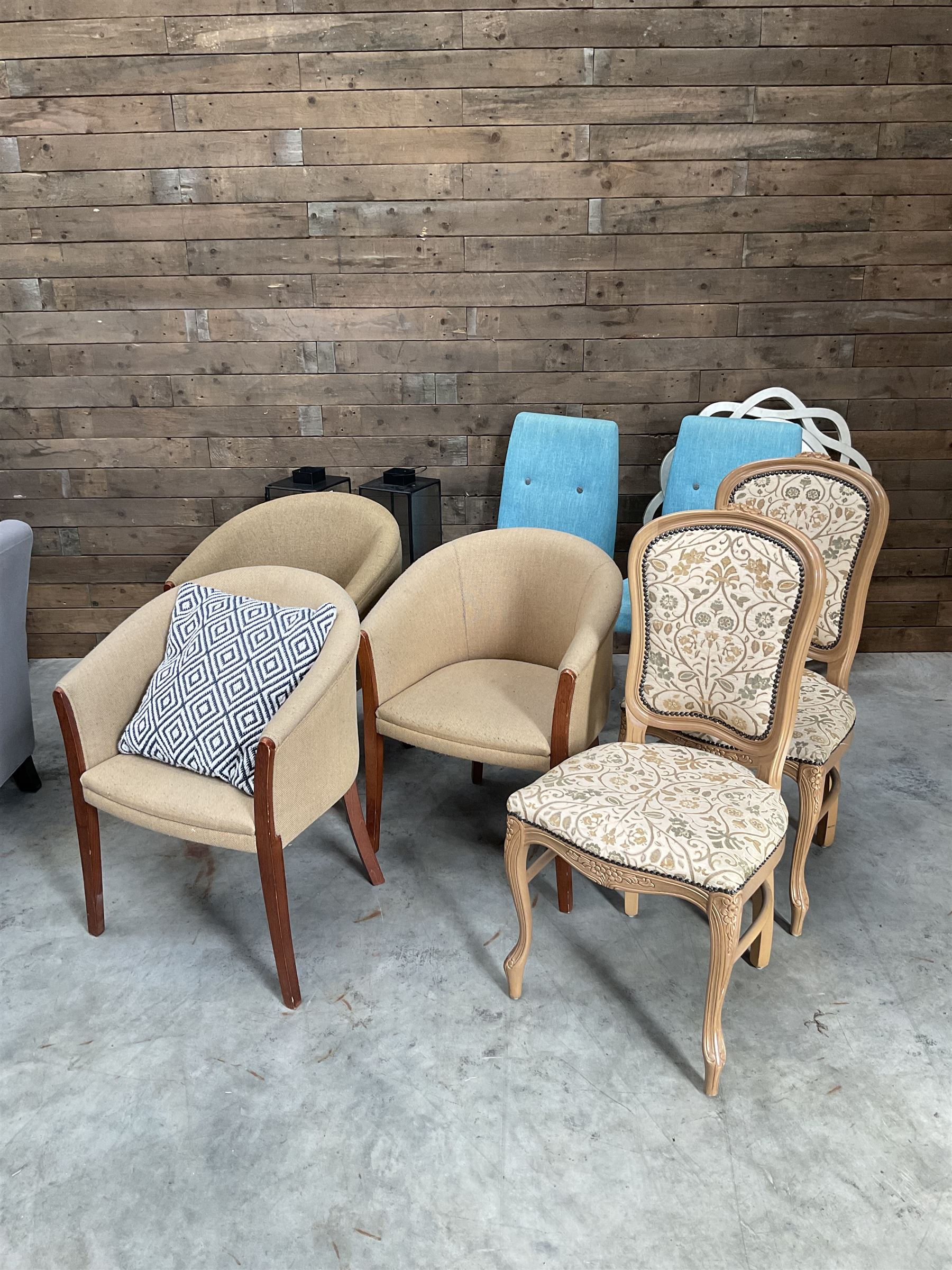 Two metal lanterns, three hessian tub shaped chairs, two blue chairs, two a French chairs, upholstered armchairs, two X framed stools, wall mirror, three drawer chest (14)