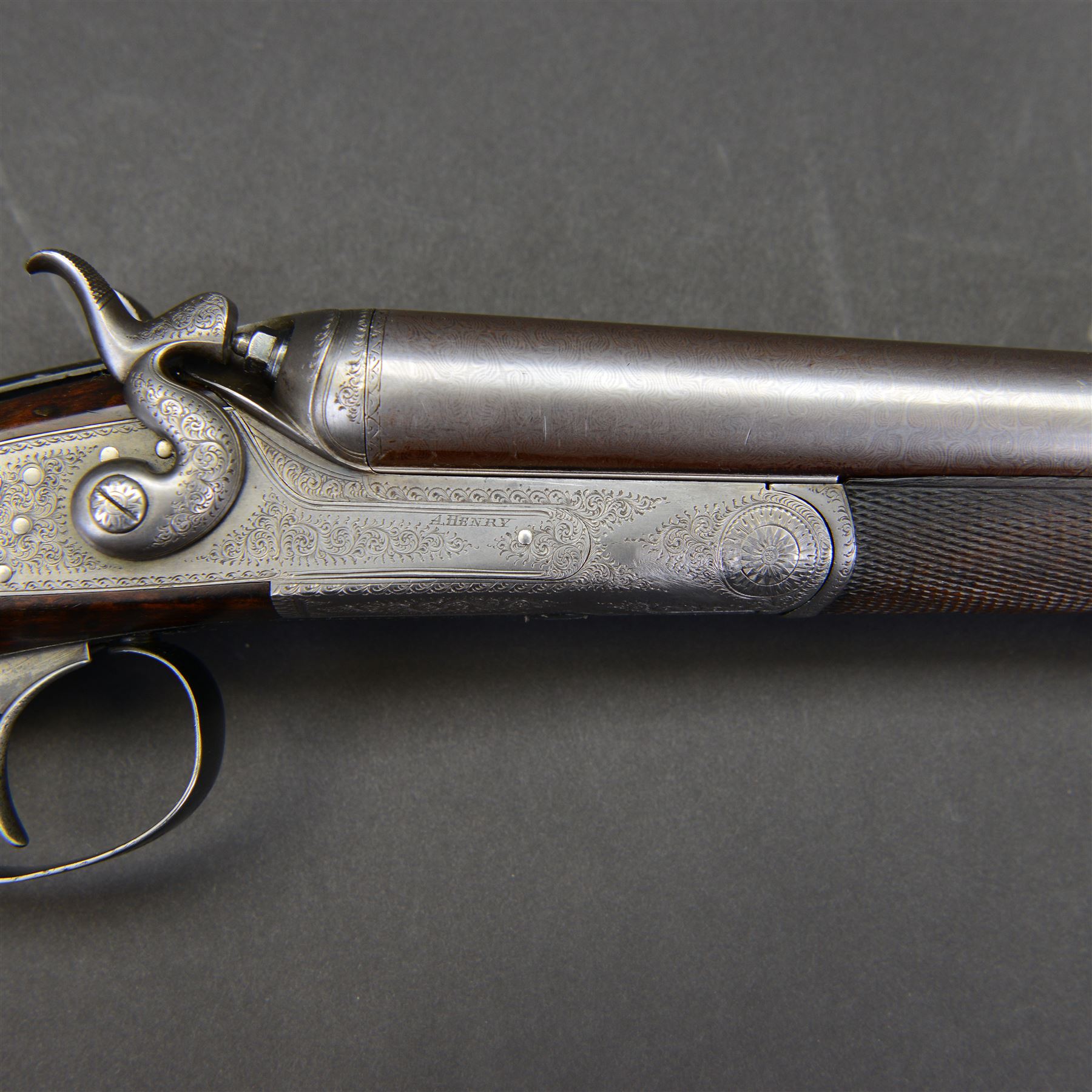 SHOTGUN CERTIFICATE REQUIRED - Alexander Henry 20 bore, percussion side by side double damascus barrel shotgun, with 69cm (27