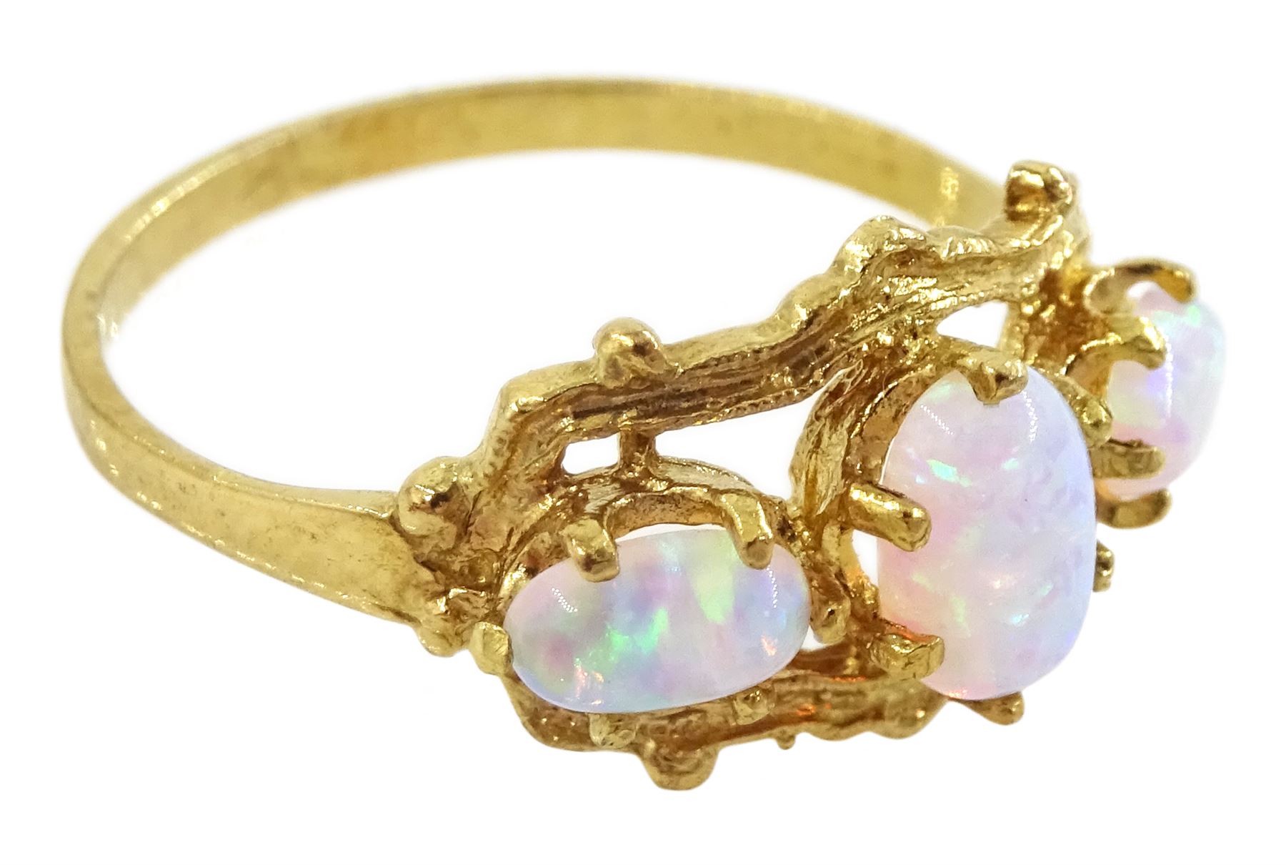 Silver-gilt three stone opal ring, stamped