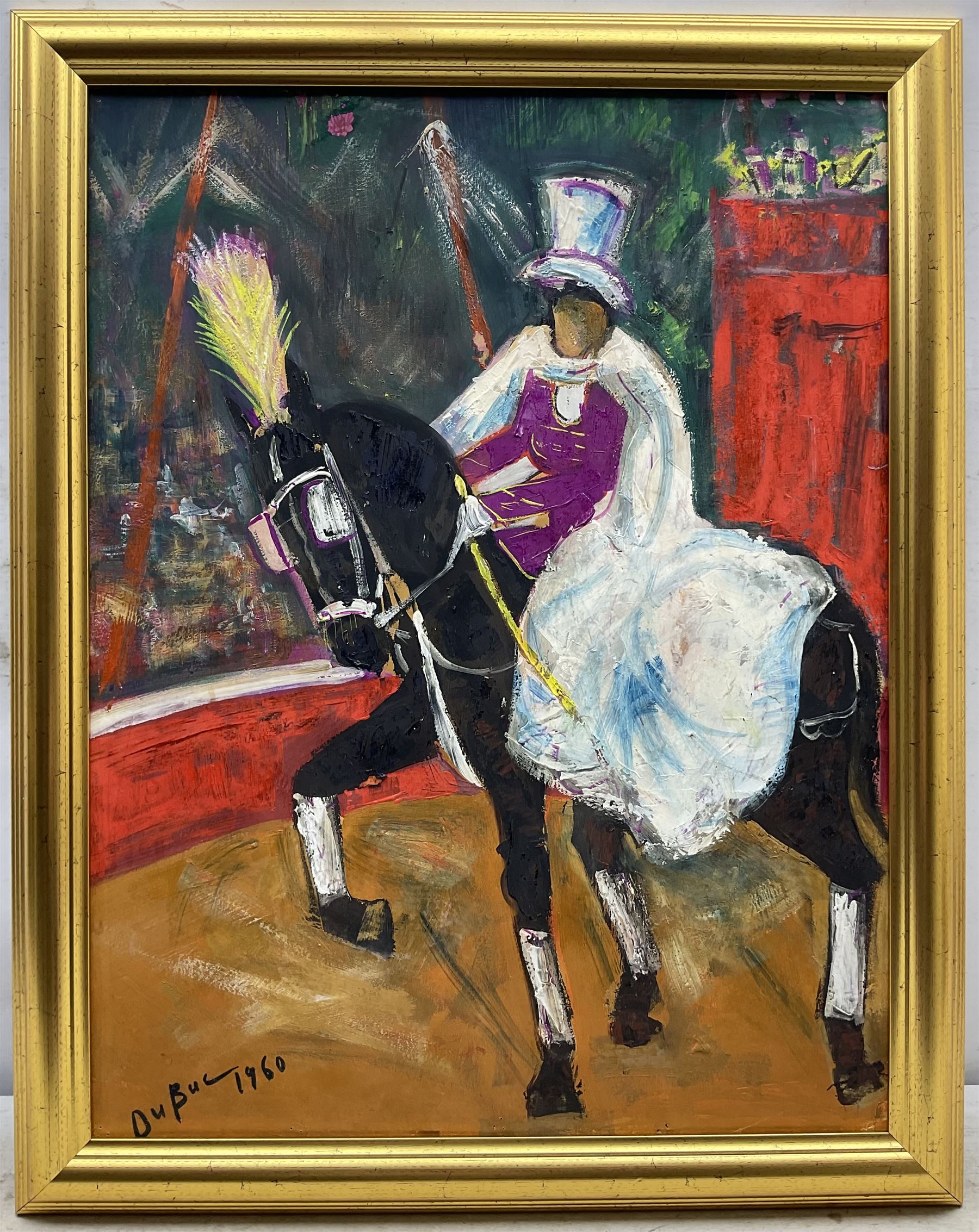 Roland Dubuc (French 1924-1998): Equestrian Circus Performer, mixed media on paper signed and dated 1960, 62cm x 47cm
Notes: Dubuc after having divorced, left for Le Havre where he met the painters Friboulet and Pailhes. He sold a few paintings at the HAMON gallery and lived from day to day doing a bit of everything to survive, including circus clown (which had been his father's profession)  
 
