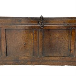 17th century panelled oak blanket chest or kist, quadruple panelled hinged lid over quadruple panelled front, moulded frame and pegged construction, on stile supports