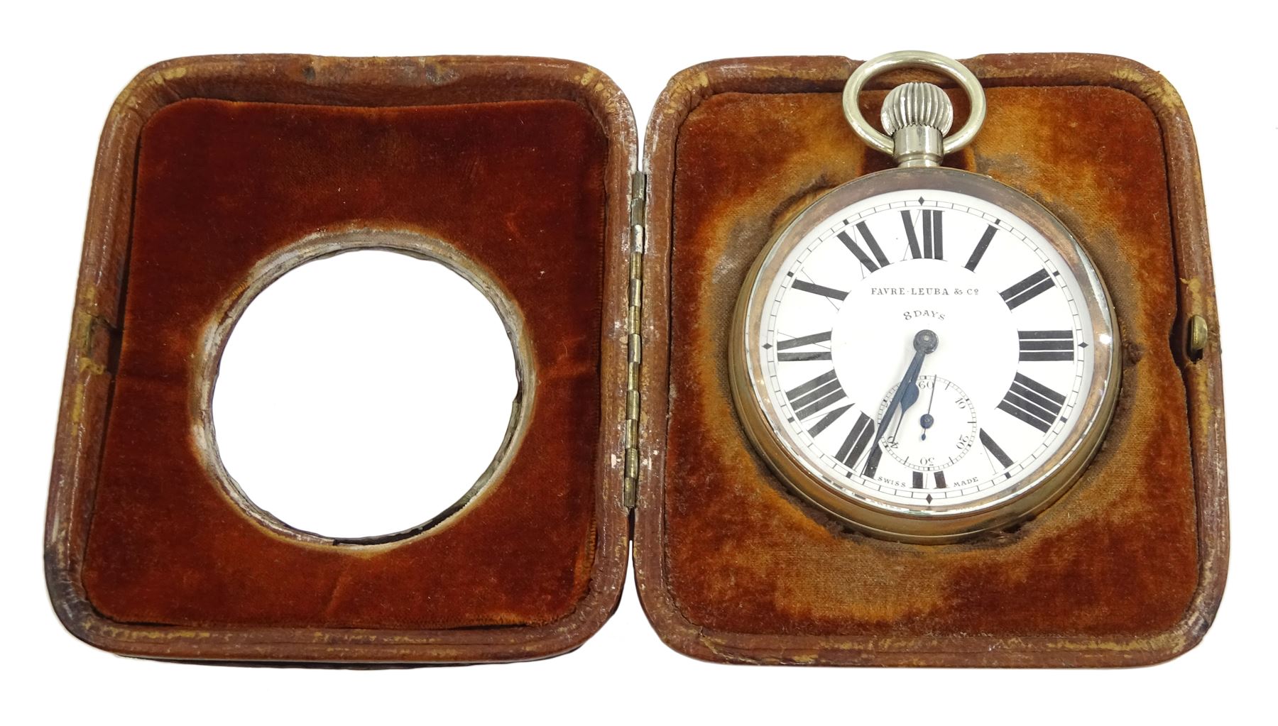 Early 20th century keyless lever 8 days goliath pocket watch by Favre-Leuba & Co, white enamel dial with Roman numerals and subsidiary seconds dial, in silver mounted leather case, with velvet interior, Birmingham 1901