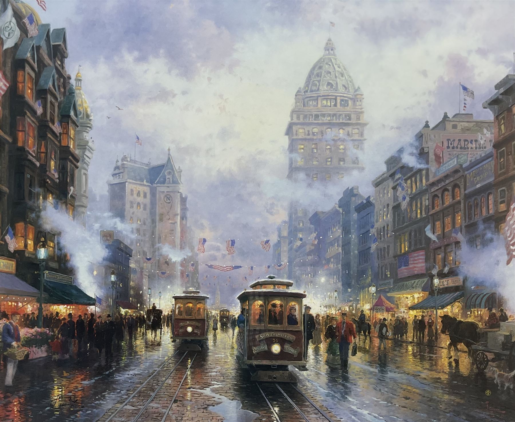 Thomas Kinkade (American 1958-2012): 'San Francisco - Market Street', limited edition offset lithograph signed in pen, with certificate of authenticity verso 49cm x 60cm