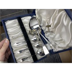 Cased canteens of fish knives and forks, together with part canteen in oak box and various other cased flatware, in two boxes 