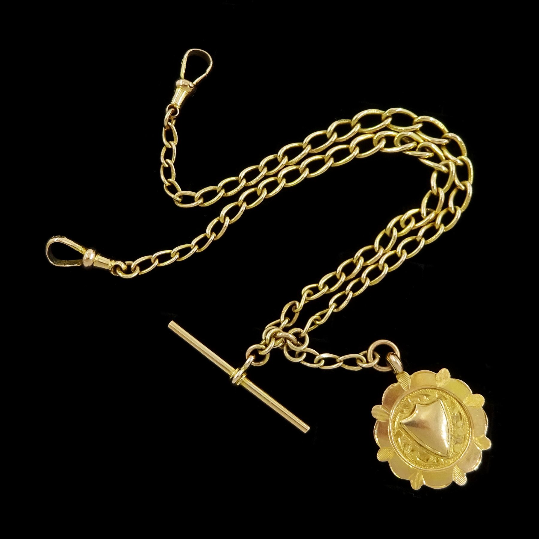 Early 20th century 9ct gold Albert chain by Phillips & Mayell, Chester 1931, each link stamped 9.375, with 9ct gold medallion fob, hallmarked