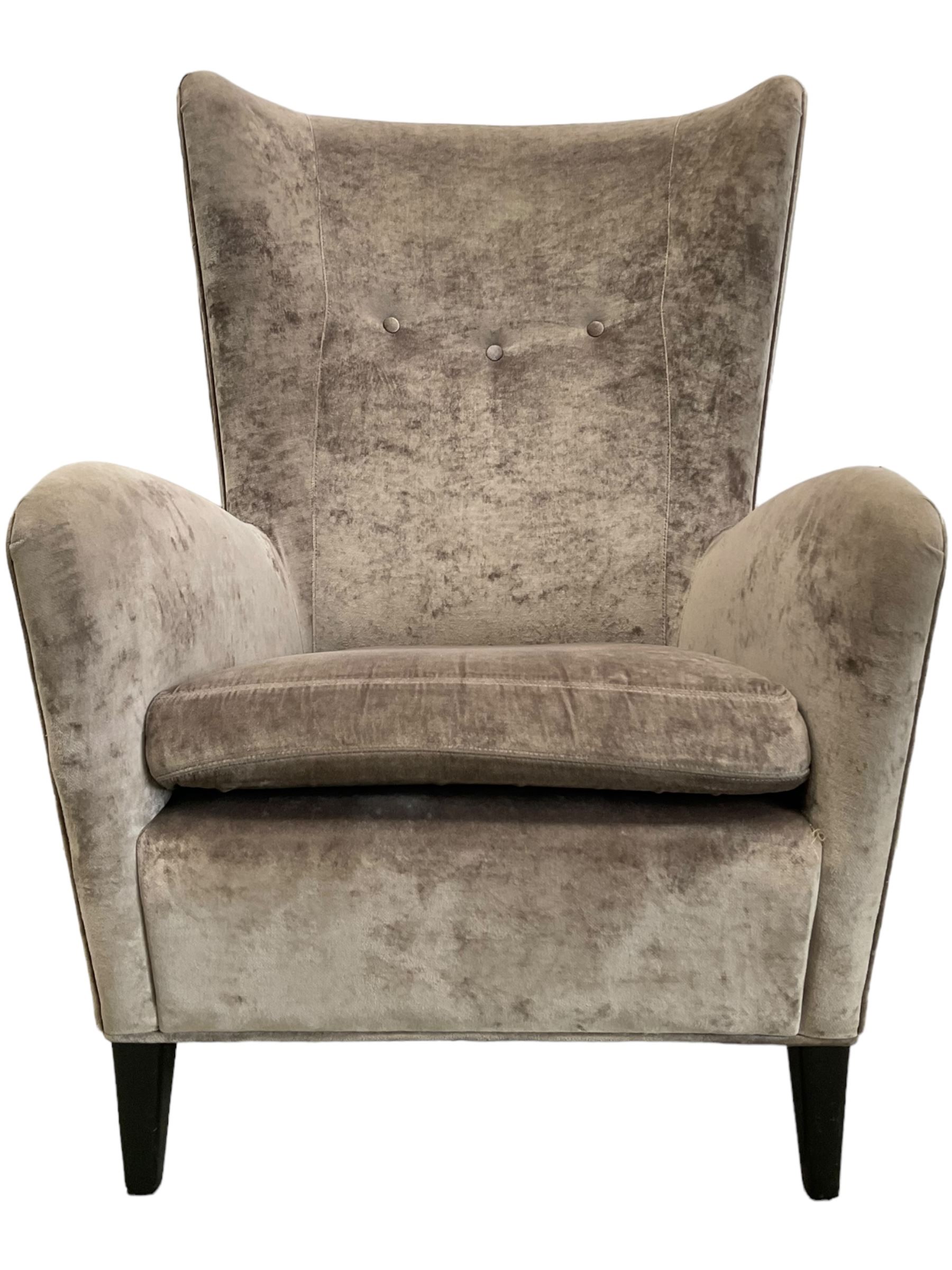 2 x Wing back armchair upholstered in silver crushed velvet fabric