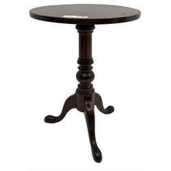 Georgian design inlaid mahogany wine table, circular top on turned pedestal, on three out splayed supports