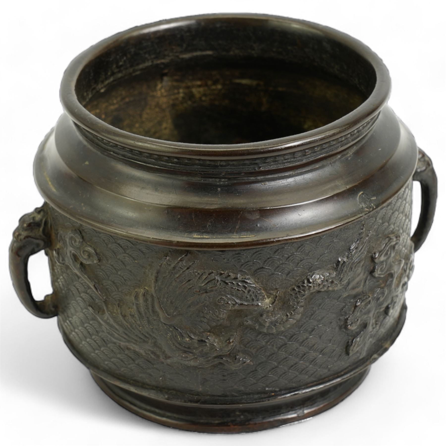 Japanese Meiji bronze two handled pot with raised pattern of dragons on a scaled ground D9.5cm x H9.5cm