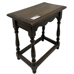 17th century design oak joint stool, moulded rectangular top on turned supports united by plain stretchers 