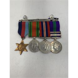 1939-1945 Star, 1939-1945 Defence Medal, 1939-1945 War Medal, Copy General Service Medal with Palestine 1945-48 and S.E Asia 1945-46 bars and a Copy South Atlantic Medal, with ribbons