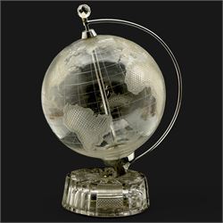 Cut glass World Globe, with turning mechanism, upon similar cut glass circular base H52cm 