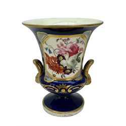 Samuel Alcock porcelain vase of footed two-handled form decorated with a panel of flowers and landscape verso, H16cm, 19th century porcelain vase with flared petal shaped rim, hand painted with a still life of shells, against a cobalt blue and gilt ground, small porcelain basket hand painted with a figure, and campana shaped urn (4)