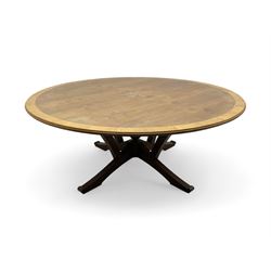 Senior & Carmichael, Betchworth - Georgian design walnut centre table, the circular moulded top with satinwood band and central star inlay, quadriform base with central orb and applied makers plaque, raised on splayed supports