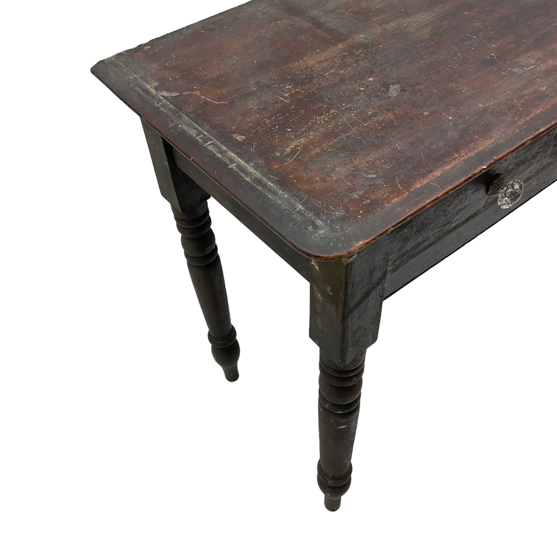 Victorian painted pine side table, moulded rectangular top over two drawers, on turned supports 