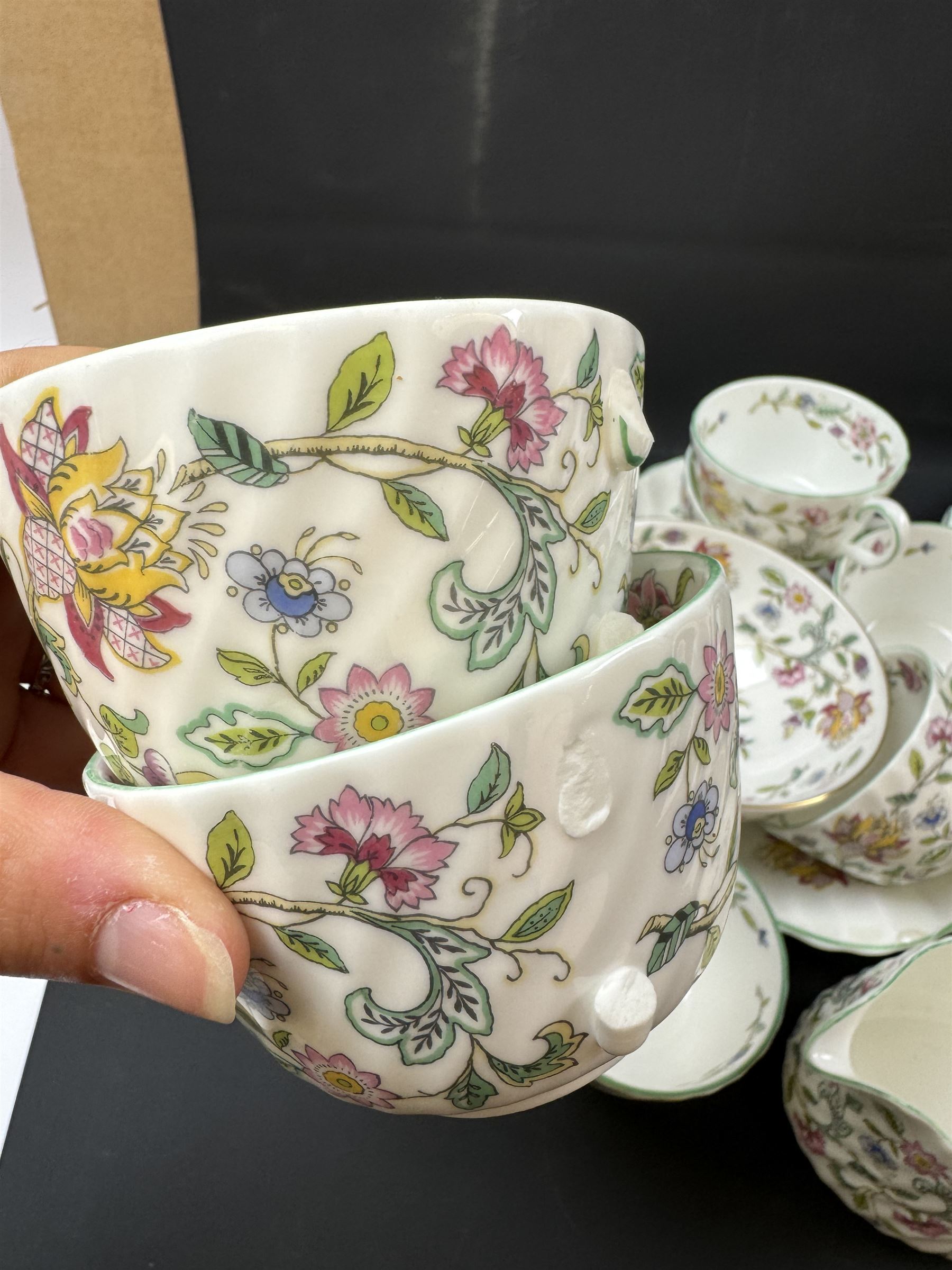 Minton Haddon Hall pattern part tea service, including milk jug, open sucrier, teacups and saucers, dessert plates etc