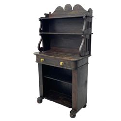 Victorian scumbled pine chiffonier, raised shaped back fitted with two shelves on S-scroll supports, rectangular top with rounded corners over single frieze drawer and open shelf, on projecting rounded sledge platforms and compressed bun feet, scumbled to resemble rosewood 