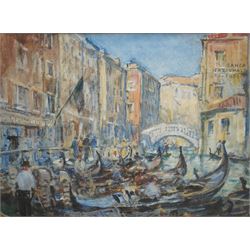 Rowland Henry Hill (Staithes Group 1873-1952): Gondoliers on a Venetian Canal, watercolour signed and dated 1923, 27cm x 37cm