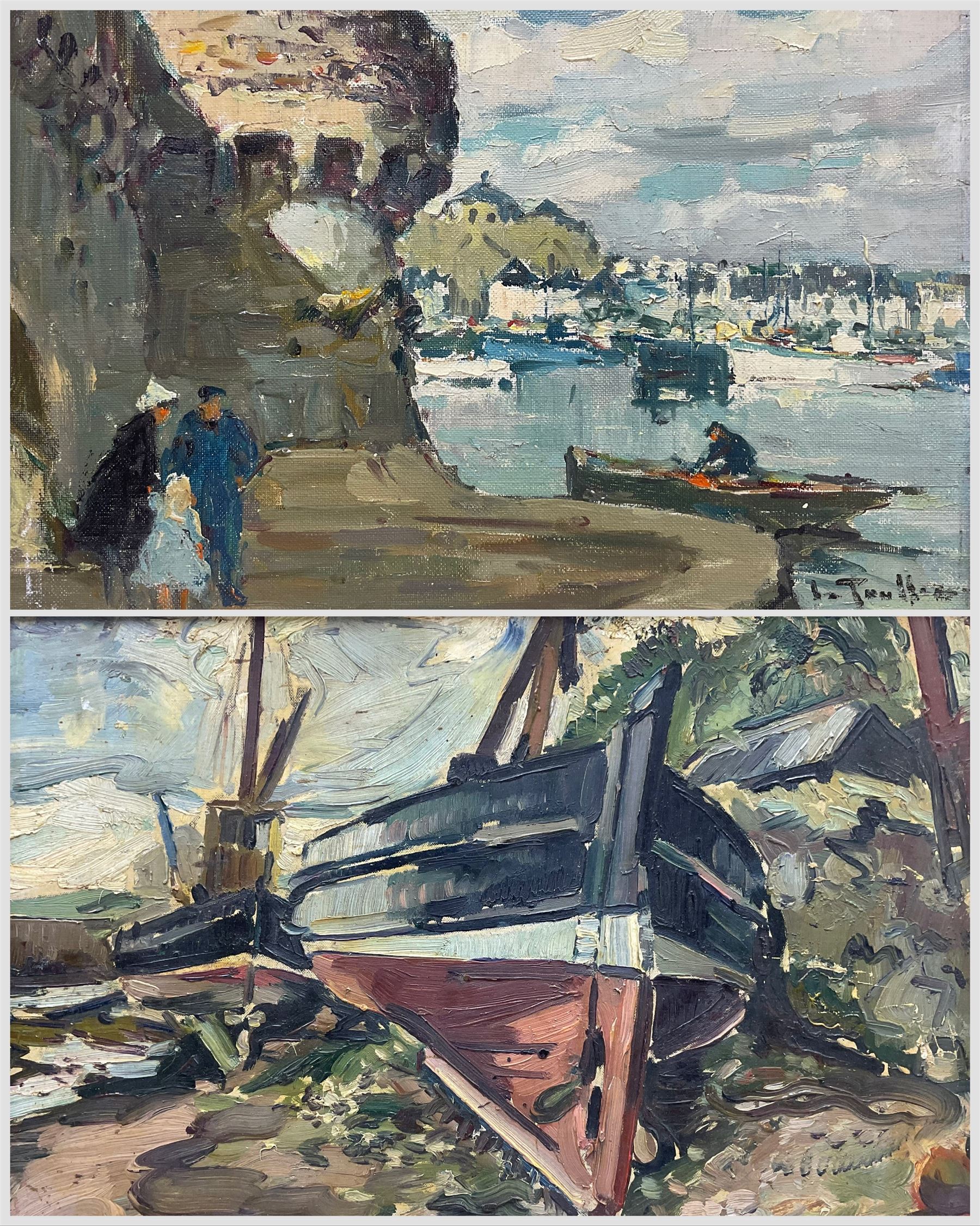 Manner of Enslin Hercules Du Plessis (South African 1894-1978): Boats on the Shore, oil on board unsigned 28cm x 38cm; French School (Mid 20th century): On the Harbourside, oil on canvas indistinctly signed 23cm x 32cm (2)