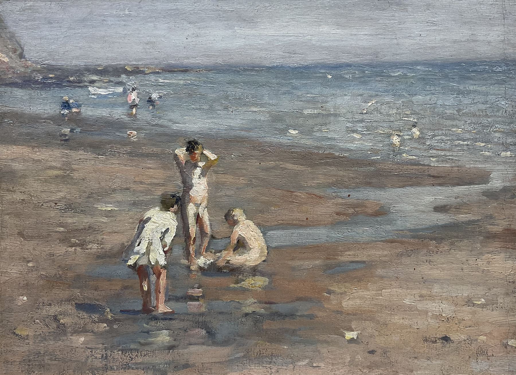 Frederick William Jackson (Staithes Group 1859-1918): Young Bathers on the Beach at Runswick Bay, oil on canvas laid on to panel unsigned 35cm x 47.5cm 
Provenance: letter of authentication by Dr Peter Phillips (1934-2012) of Phillips & Sons, Marlow dated 14th September 1978 verso