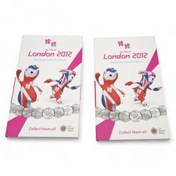 Queen Elizabeth II United Kingdom 'The Official London 2012 50p Sports Collection Album' comprising twenty-nine fifty pence coins and completer medallion, together with another near complete set missing 'Canoeing' fifty pence