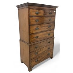 George III mahogany chest-on-chest, projecting cornice over banded frieze, fitted with two...