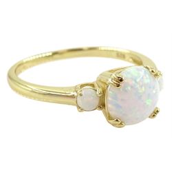 Silver-gilt three stone opal ring, stamped 925