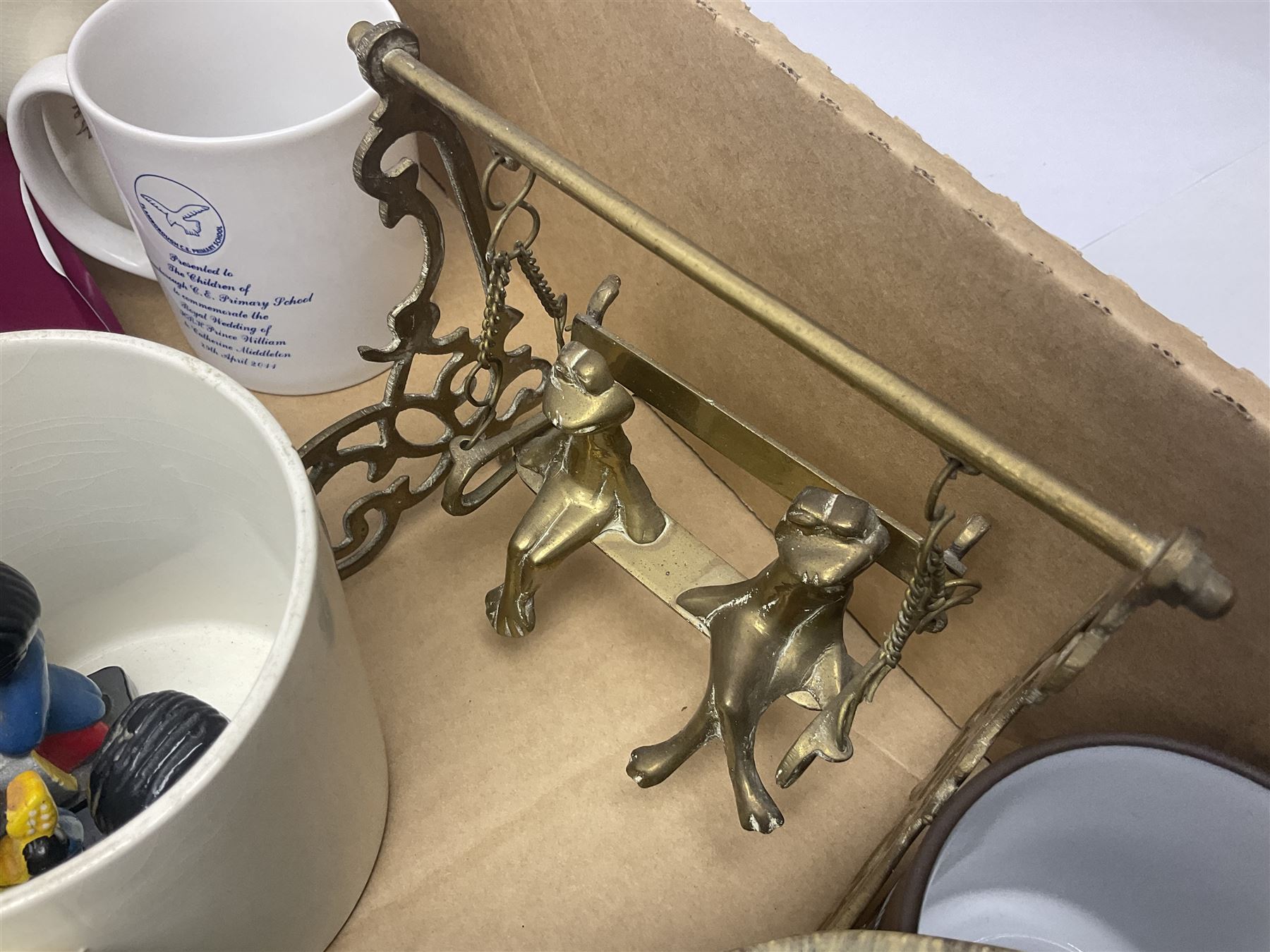 Commemorative ware, including mugs, shots glasses, plates and book etc, together with a ceramic shire horse and wooden cart, four Leonardo blue and white tea pots, and a collection of other ceramics and glassware, in three boxes 