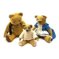 Three English teddy bears comprising 1930s Merrythought with kapok filled bright golden mohair body, swivel jointed head with glass eyes and vertically stitched nose and mouth and jointed limbs with felt paw pads H18