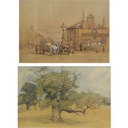 Cuthbert Crossley (British 1883-?): Horse Taking a Drink Outside the Inn, watercolour heightened with white signed with monogram 32cm x 43cm; David R Anderson (British 1884-1976): An Old Tree, watercolour signed 24cm x 34cm (2)